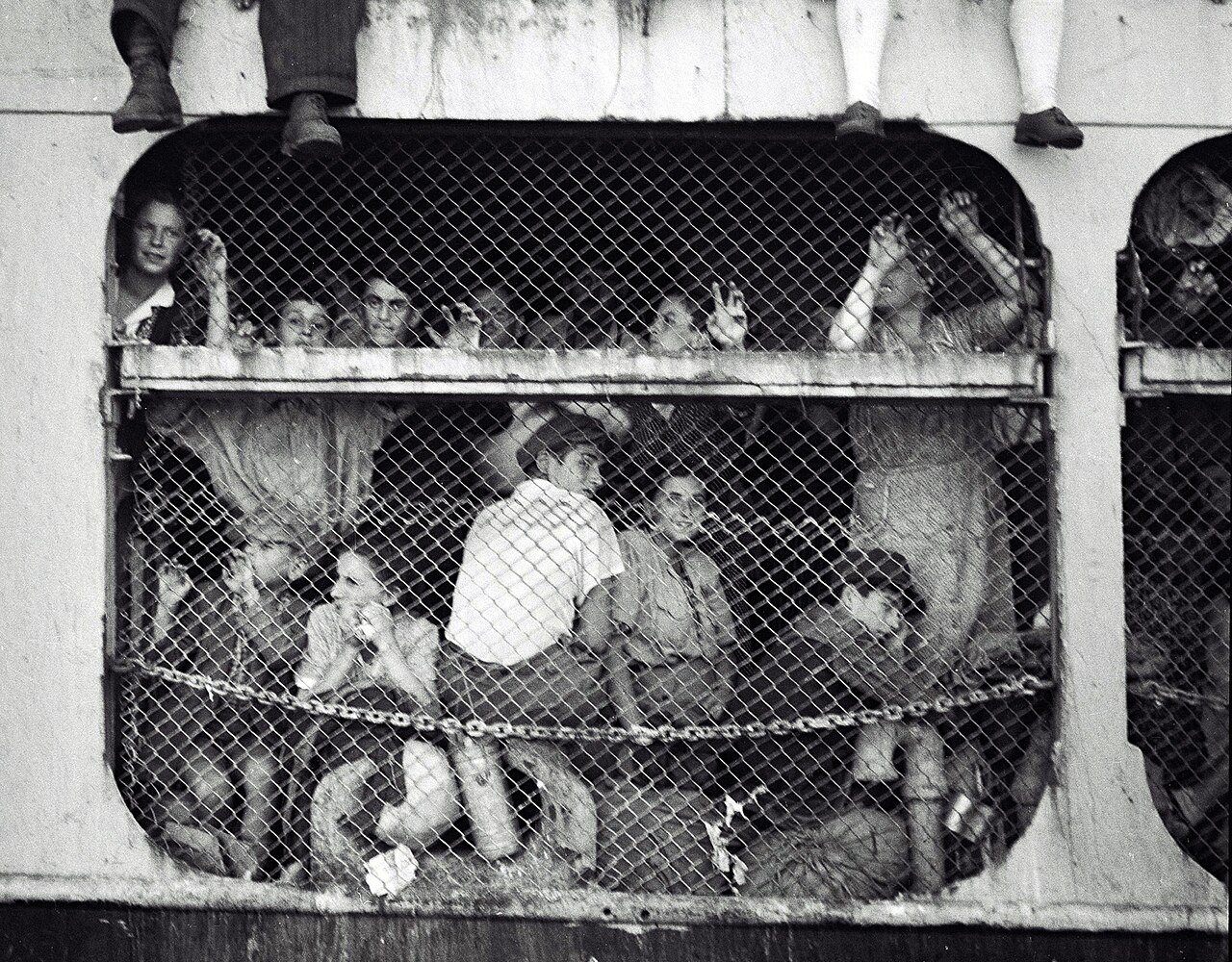Jewish refugees behind wire on the Exodus at Haifa port, July 1947