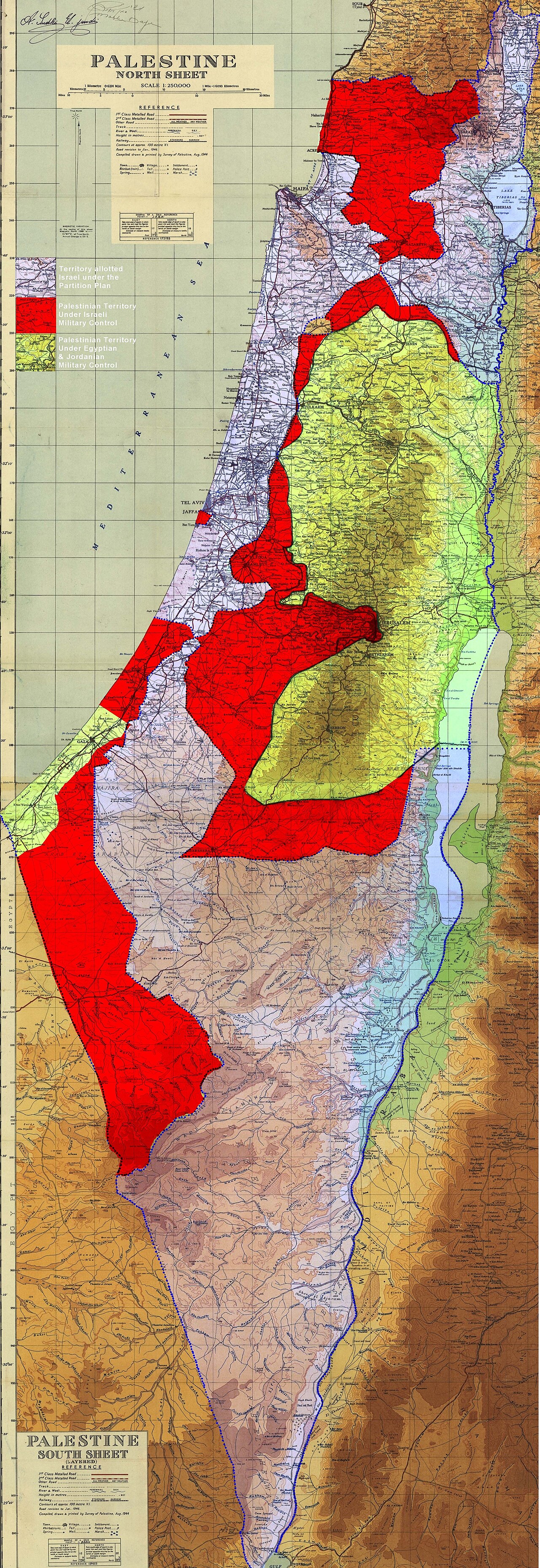 Survey of Palestine map of territories under Israeli, Egyptian, and Jordanian control in 1949